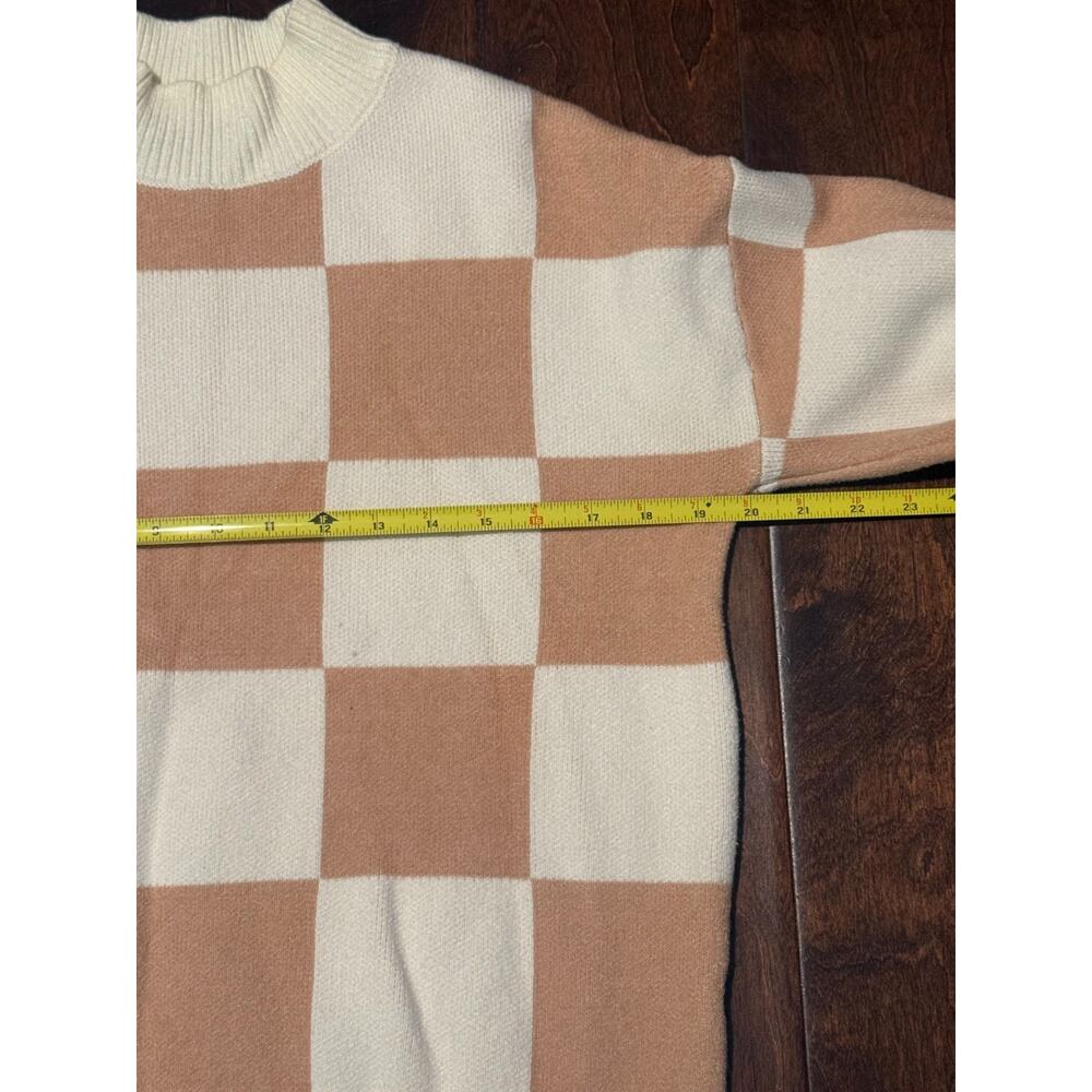 Tan White Colorblock Checkerboard Crewneck Pullover Academia Preppy Mock Neck M - Picture 4 of 8